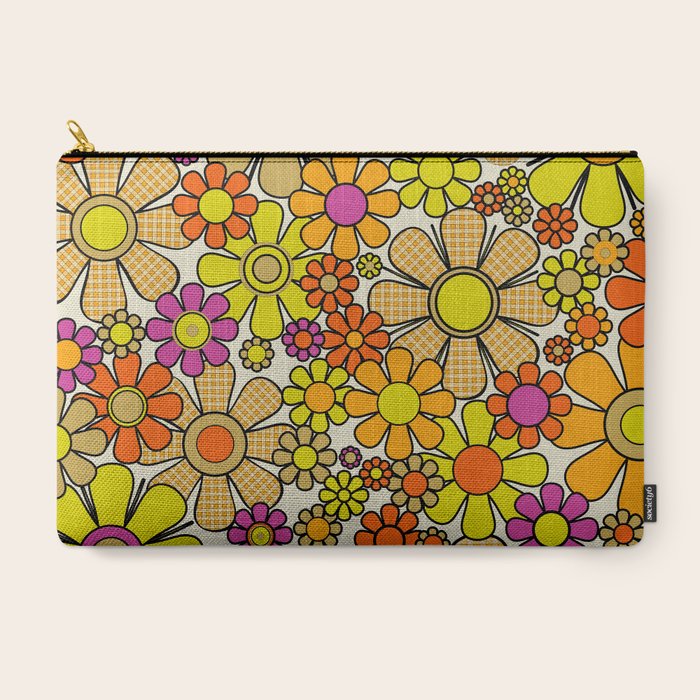 70s Retro Flowers Gingham Floral Pattern Orange Yellow Cream Carry All Pouch