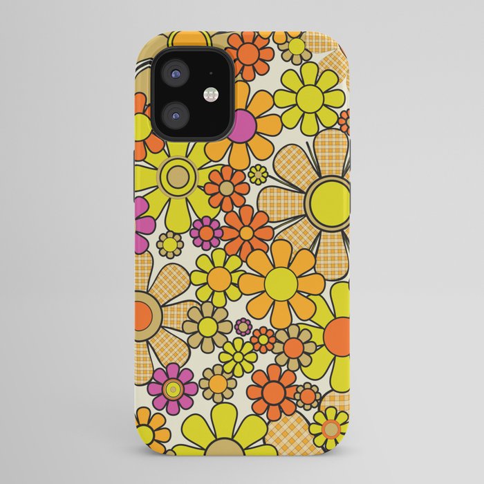 70s Retro Flowers Gingham Floral Pattern Orange Yellow Cream iPhone Case