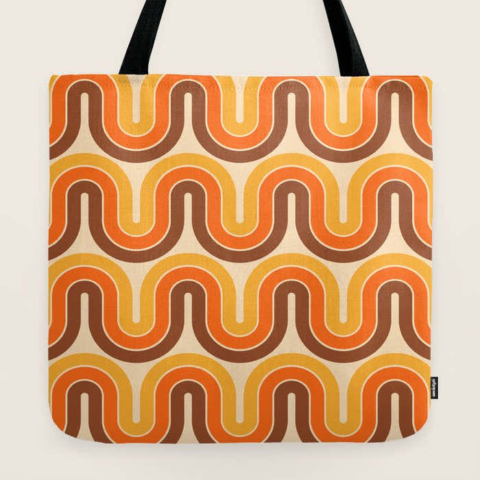 70s Retro Vintage Style Wave Pattern Autumn Brown Orange and Yellow Tote Bag