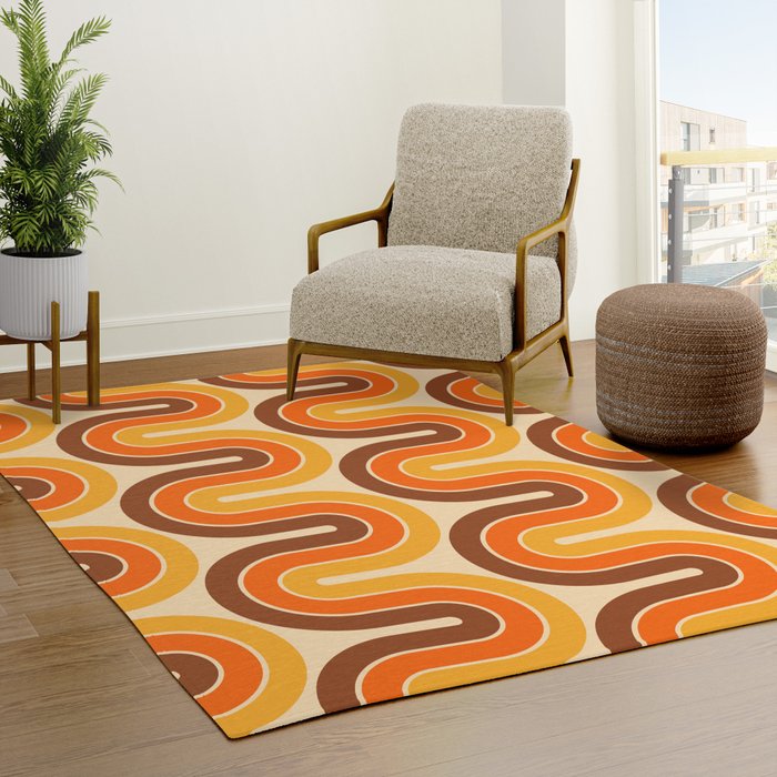 70s Retro Vintage Style Wave Pattern Autumn Brown Orange and Yellow Rug