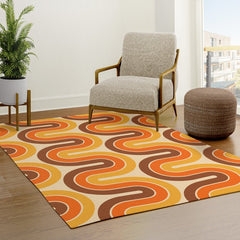70s Retro Vintage Style Wave Pattern Autumn Brown Orange and Yellow Rug