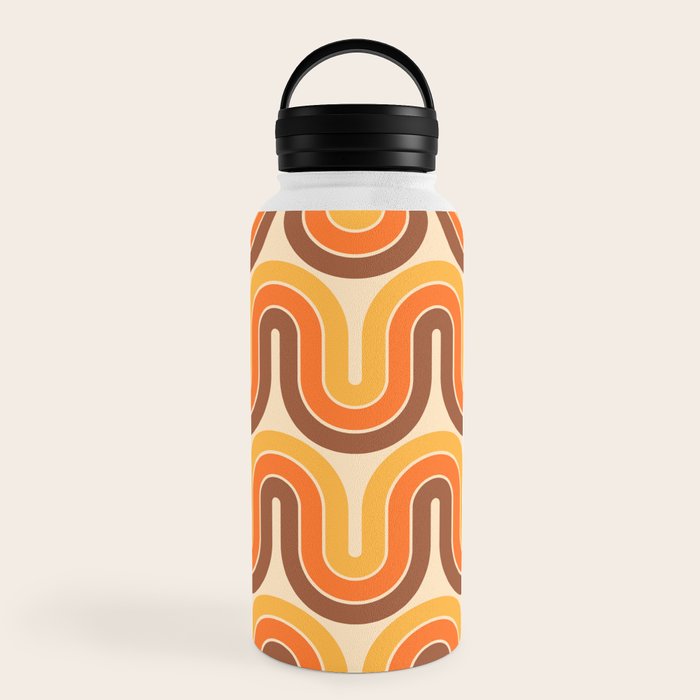 70s Retro Vintage Style Wave Pattern Autumn Brown Orange and Yellow Water Bottle