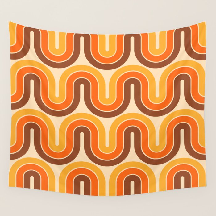 70s Retro Vintage Style Wave Pattern Autumn Brown Orange and Yellow Wall Tapestry