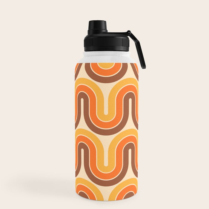 70s Retro Vintage Style Wave Pattern Autumn Brown Orange and Yellow Water Bottle