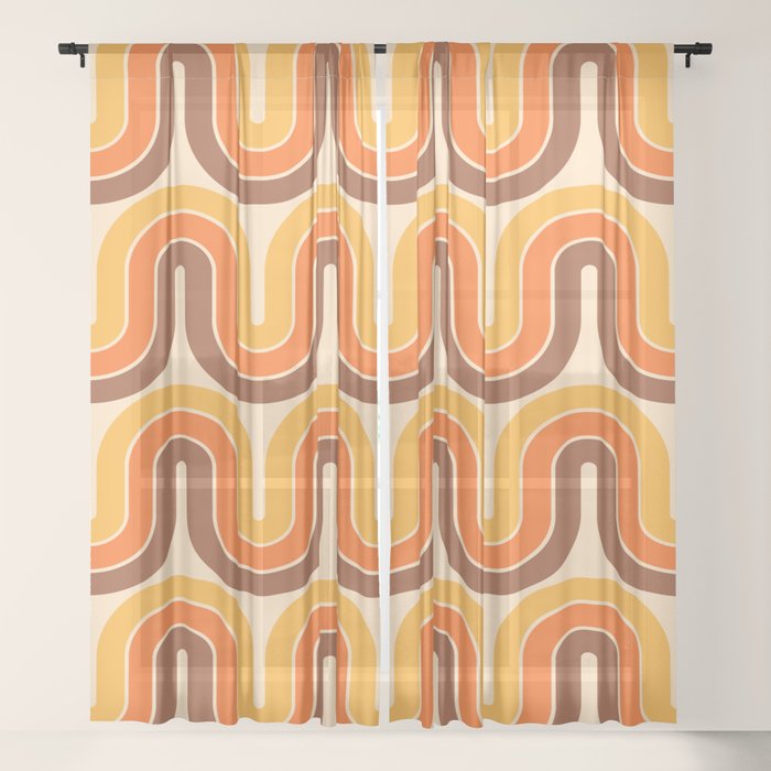 70s Retro Vintage Style Wave Pattern Autumn Brown Orange and Yellow Window Curtain