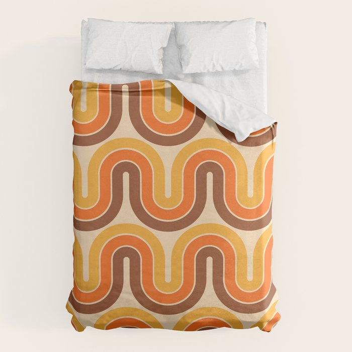 70s Retro Vintage Style Wave Pattern Autumn Brown Orange and Yellow Duvet Cover
