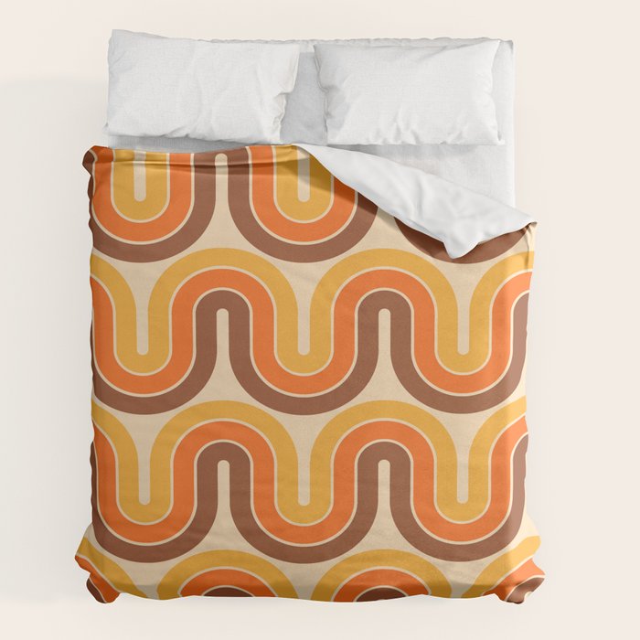 70s Retro Vintage Style Wave Pattern Autumn Brown Orange and Yellow Duvet Cover