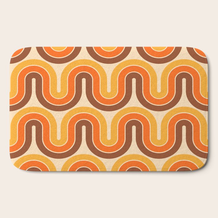 70s Retro Vintage Style Wave Pattern Autumn Brown Orange and Yellow Bath Mat