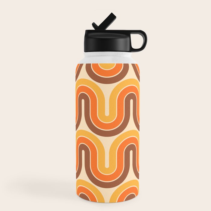 70s Retro Vintage Style Wave Pattern Autumn Brown Orange and Yellow Water Bottle