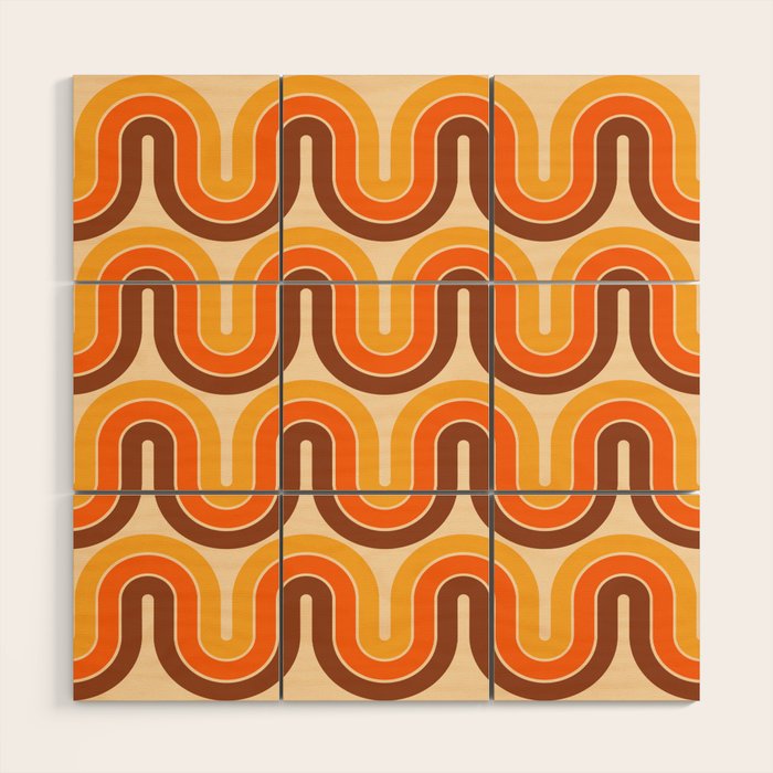 70s Retro Vintage Style Wave Pattern Autumn Brown Orange and Yellow Wood Wall Art