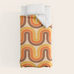 70s Retro Vintage Style Wave Pattern Autumn Brown Orange and Yellow Duvet Cover