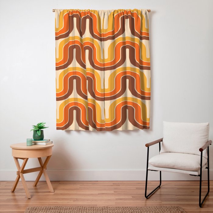 70s Retro Vintage Style Wave Pattern Autumn Brown Orange and Yellow Window Curtain