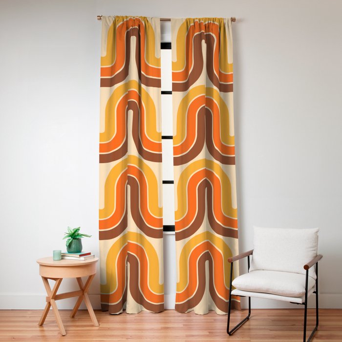 70s Retro Vintage Style Wave Pattern Autumn Brown Orange and Yellow Window Curtain