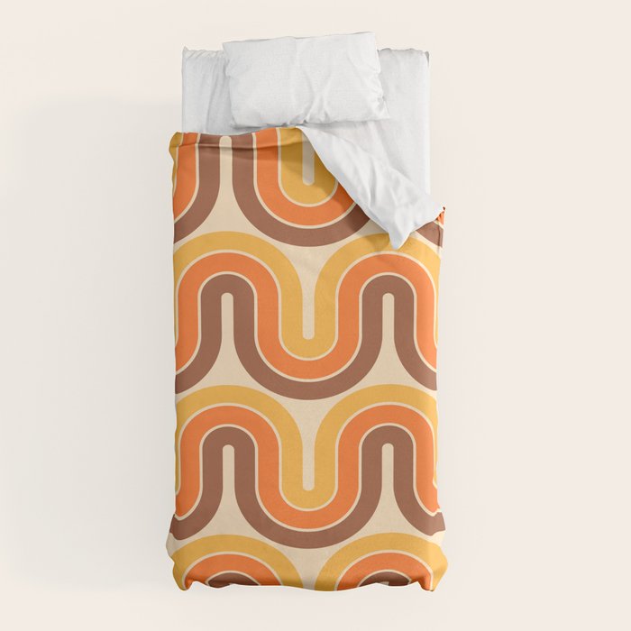70s Retro Vintage Style Wave Pattern Autumn Brown Orange and Yellow Duvet Cover