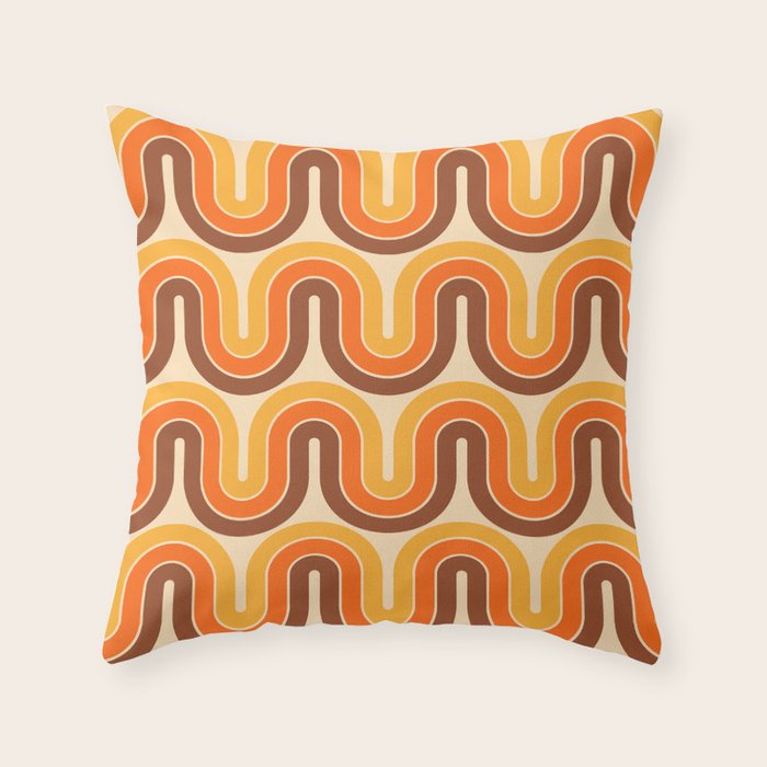 70s Retro Vintage Style Wave Pattern Autumn Brown Orange and Yellow Throw Pillow