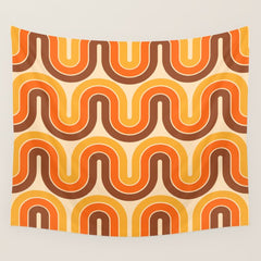 70s Retro Vintage Style Wave Pattern Autumn Brown Orange and Yellow Wall Tapestry