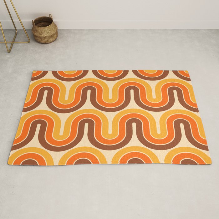 70s Retro Vintage Style Wave Pattern Autumn Brown Orange and Yellow Rug