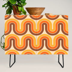 70s Retro Vintage Style Wave Pattern Autumn Brown Orange and Yellow Credenza