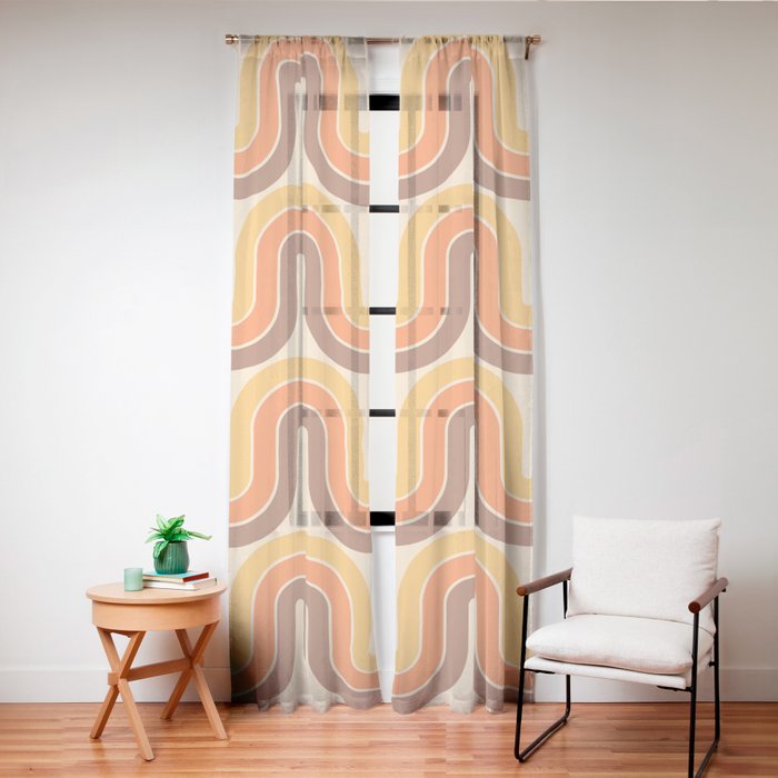 70s Retro Vintage Style Wave Pattern Autumn Brown Orange and Yellow Window Curtain
