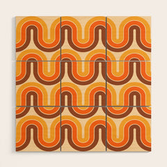 70s Retro Vintage Style Wave Pattern Autumn Brown Orange and Yellow Wood Wall Art