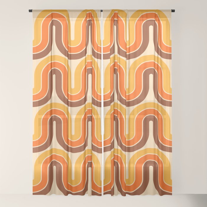 70s Retro Vintage Style Wave Pattern Autumn Brown Orange and Yellow Window Curtain
