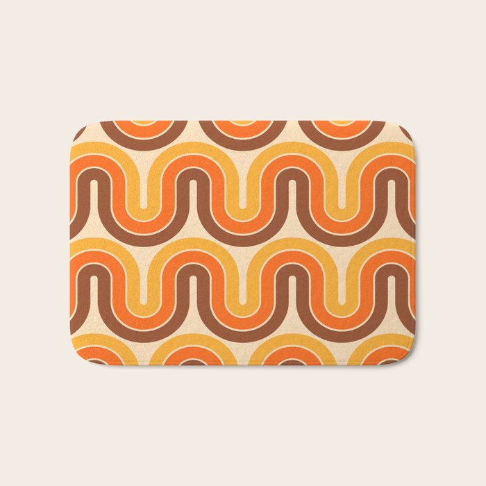 70s Retro Vintage Style Wave Pattern Autumn Brown Orange and Yellow Bath Mat