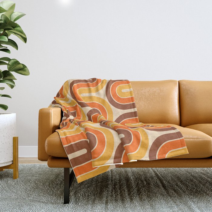 70s Retro Vintage Style Wave Pattern Autumn Brown Orange and Yellow Throw Blanket