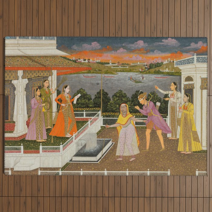 A blindfolded suitor is brought before a princess; verso/ scrolling floral vines 1755 Fayzullah Indian Miniature Painting  Outdoor Rug