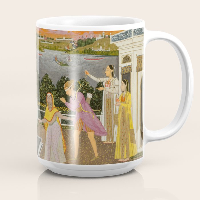 A blindfolded suitor is brought before a princess; verso/ scrolling floral vines 1755 Fayzullah Indian Miniature Painting  Coffee Mug