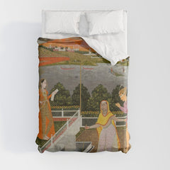 A blindfolded suitor is brought before a princess; verso/ scrolling floral vines 1755 Fayzullah Indian Miniature Painting  Duvet Cover