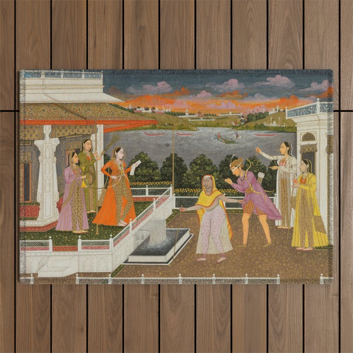 A blindfolded suitor is brought before a princess; verso/ scrolling floral vines 1755 Fayzullah Indian Miniature Painting  Outdoor Rug