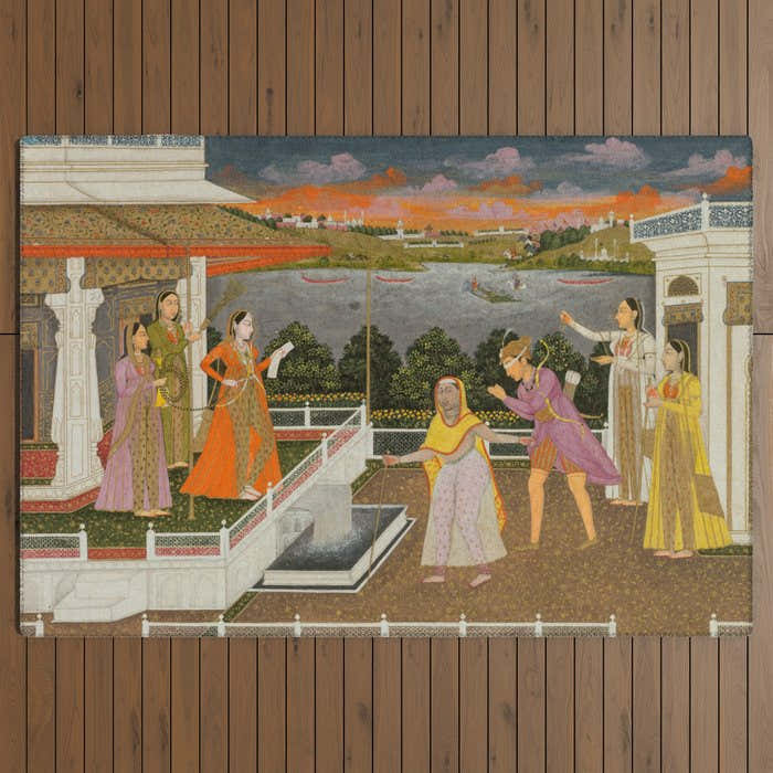 A blindfolded suitor is brought before a princess; verso/ scrolling floral vines 1755 Fayzullah Indian Miniature Painting  Outdoor Rug