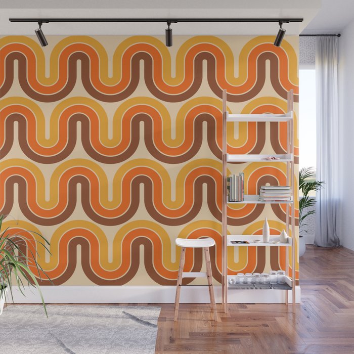 70s Retro Vintage Style Wave Pattern Autumn Brown Orange and Yellow Wall Mural