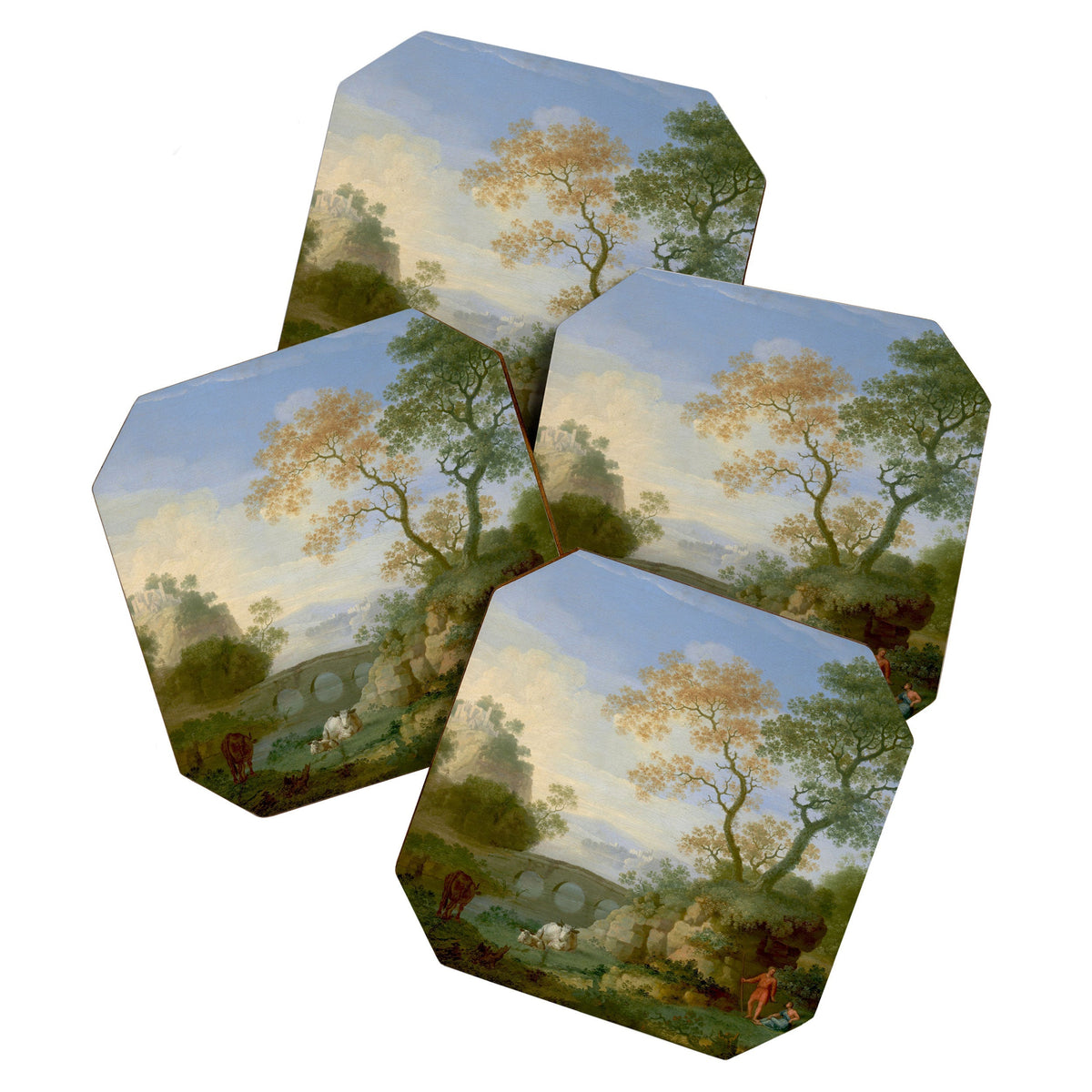 A Landscape with Distant Classical Ruins, a Bridge, Figures, and Cattle Coaster