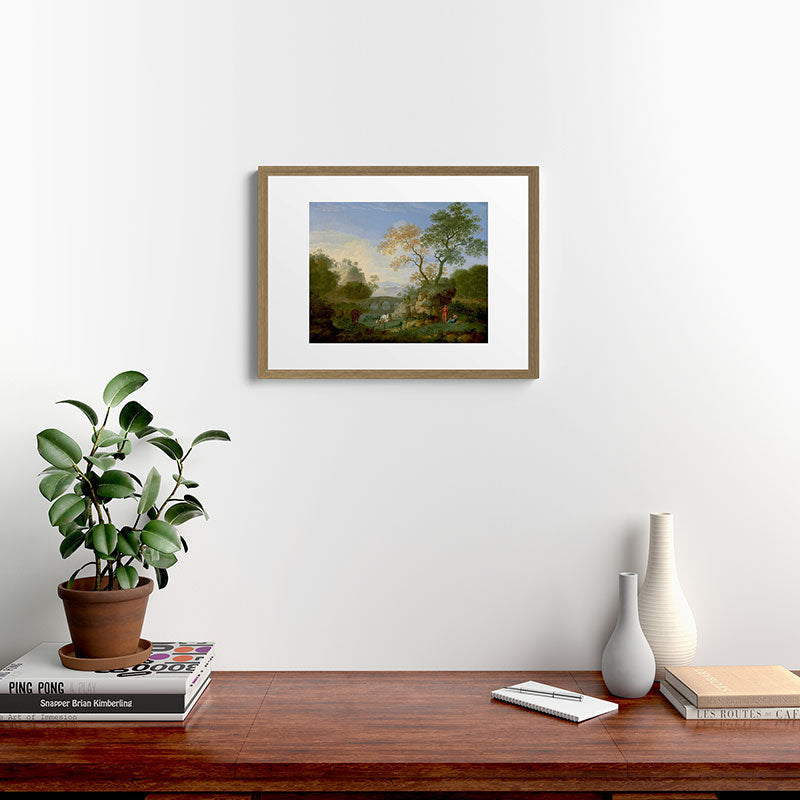 A Landscape with Distant Classical Ruins, a Bridge, Figures, and Cattle Framed Art Print