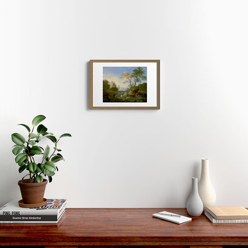 A Landscape with Distant Classical Ruins, a Bridge, Figures, and Cattle Framed Art Print