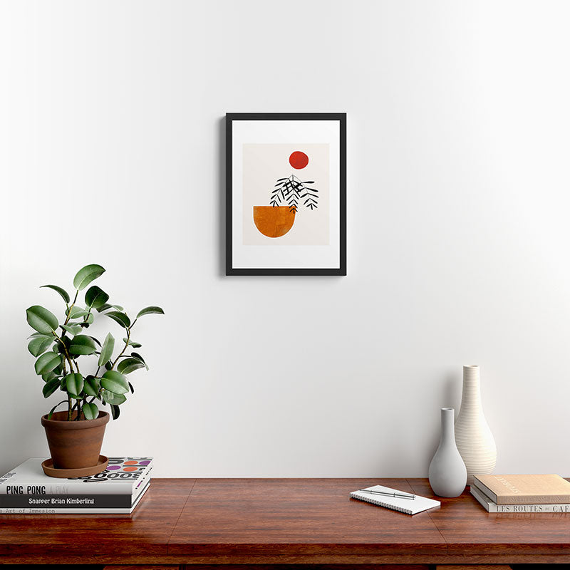 Autumn Vine' Minimal Mid Century Abstract Shapes With Floral Plant Motif Boho Vintage Paper Collage Line Drawing Framed Art Print