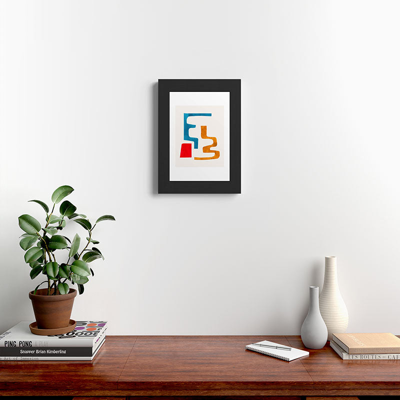 Falling Down' Paper Collage Fun Colorful Shapes Mid Century Minimal Abstract Art by Ejaaz Haniff Framed Art Print