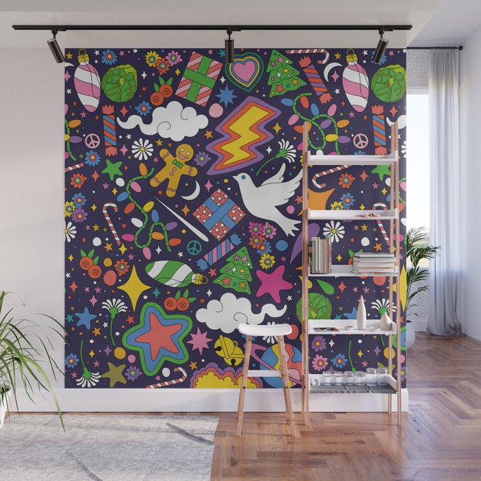 60s 70s psychedelic Modern Christmas Confetti Pattern Wall Mural