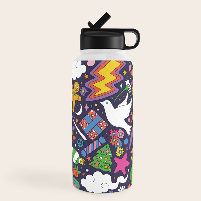 60s 70s psychedelic Modern Christmas Confetti Pattern Water Bottle