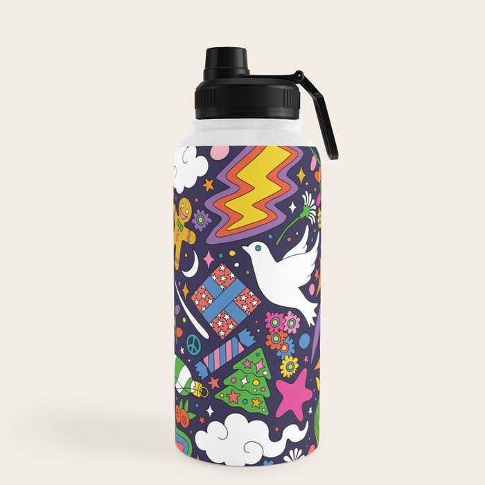 60s 70s psychedelic Modern Christmas Confetti Pattern Water Bottle