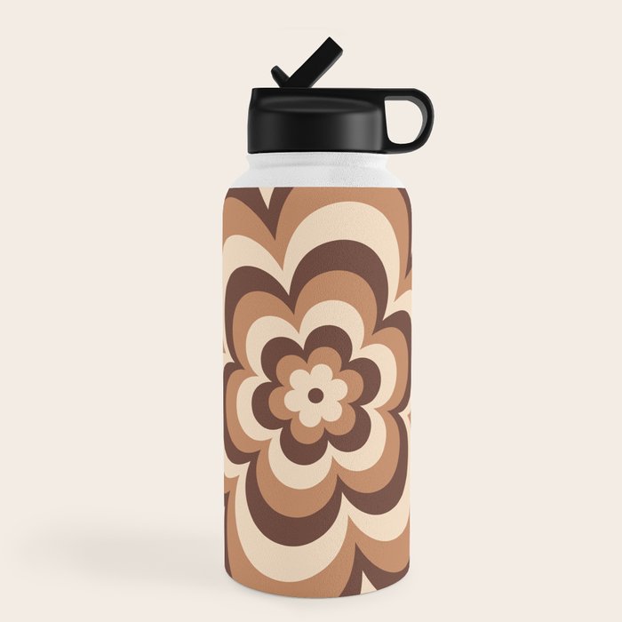 70s Retro Flower Power in Coffee Brown Water Bottle