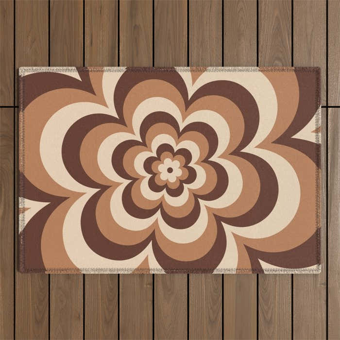 70s Retro Flower Power in Coffee Brown Outdoor Rug