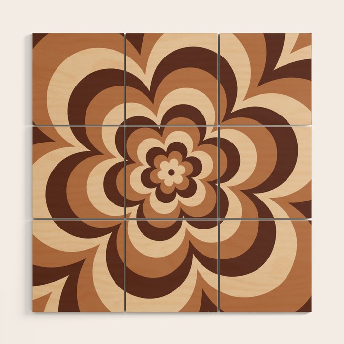 70s Retro Flower Power in Coffee Brown Wood Wall Art