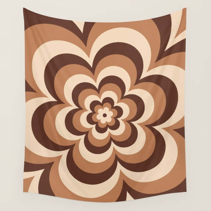 70s Retro Flower Power in Coffee Brown Wall Tapestry