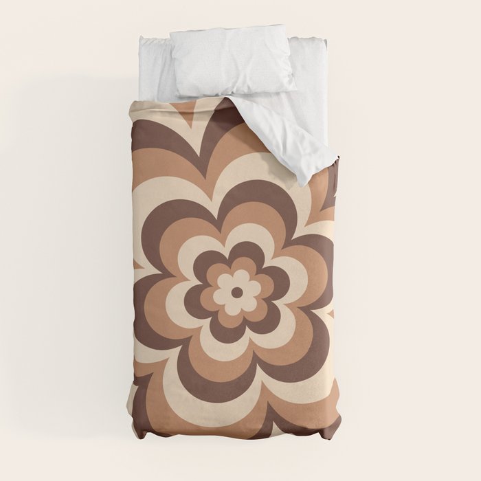 70s Retro Flower Power in Coffee Brown Duvet Cover