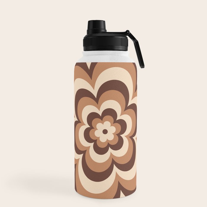 70s Retro Flower Power in Coffee Brown Water Bottle
