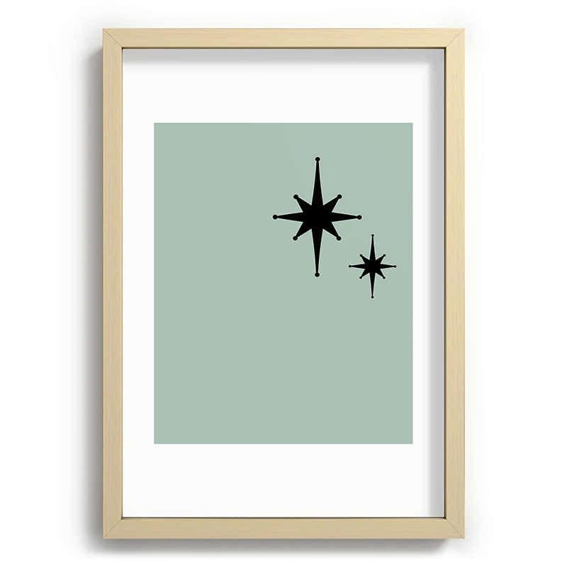 1950s Atomic Age Minimalist Starburst Pair in Black and 50s Celadon Teal Solid Framed Art Print
