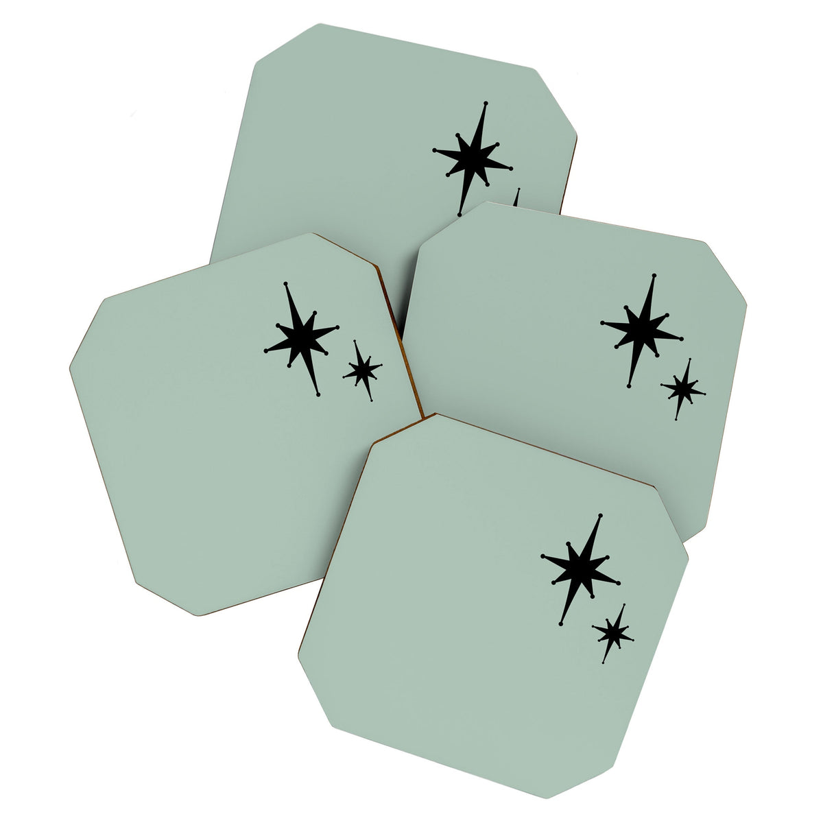 1950s Atomic Age Minimalist Starburst Pair in Black and 50s Celadon Teal Solid Coaster