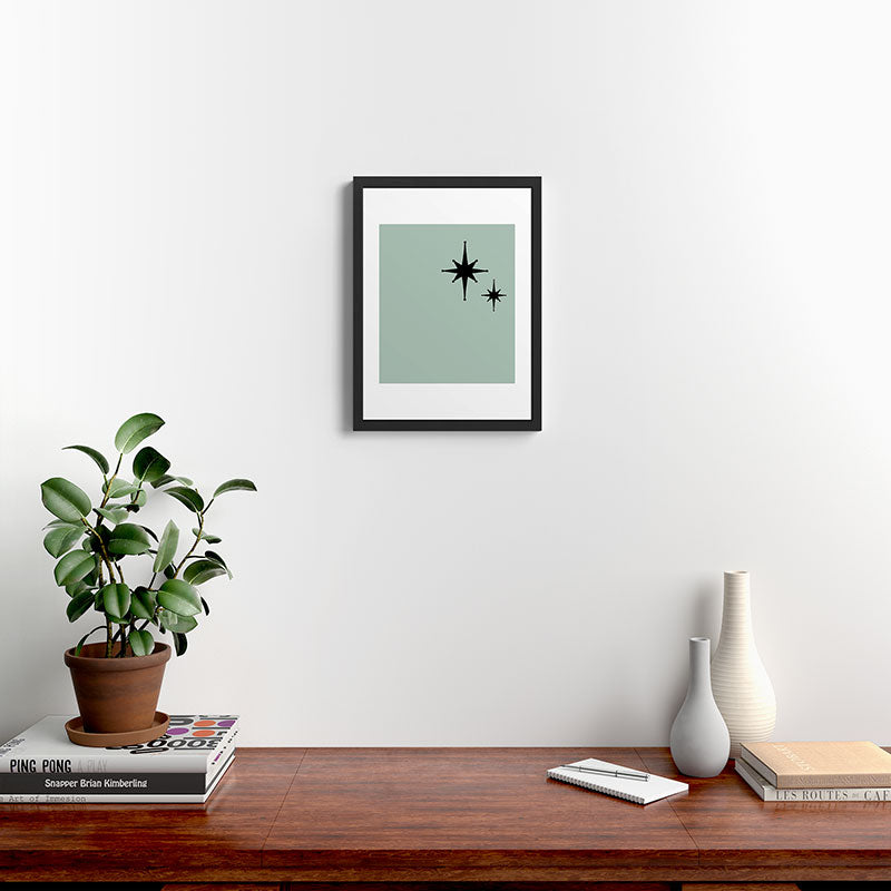 1950s Atomic Age Minimalist Starburst Pair in Black and 50s Celadon Teal Solid Framed Art Print